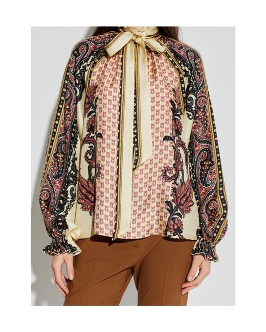 Etro Brown Scarf And Floral Geometric Motif Twill Blouse