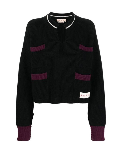 Marni Black Shetland Wool And Cotton Cropped Crewneck Sweater