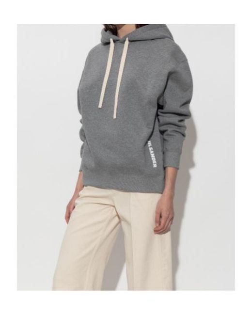 Jil Sander Gray Logo Printed Drawstring Hoodie