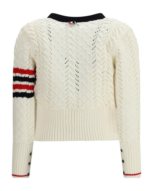 Thom Browne White Cable Pointelle Stitch 4-Bar Cardigan