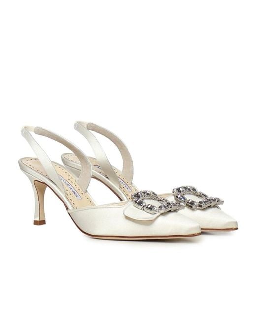 Manolo Blahnik White Buckle-Embbellished Slingback Heeled Pumps