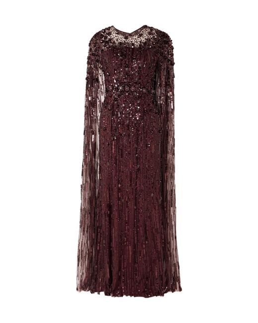 Jenny Packham Purple Ruby Cape-Effect Embellished Tulle Gown