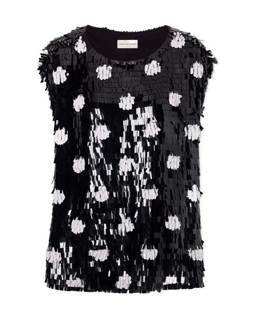 Dries Van Noten Black Embroidered Polka-Dot Silk Top