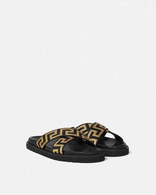Versace Brown Greca-Embellished Open-Toe Slides for men