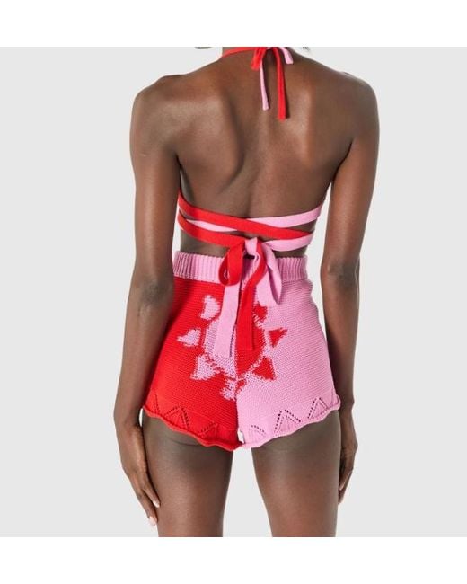 MARINE SERRE Red Crochet Knit Shorts