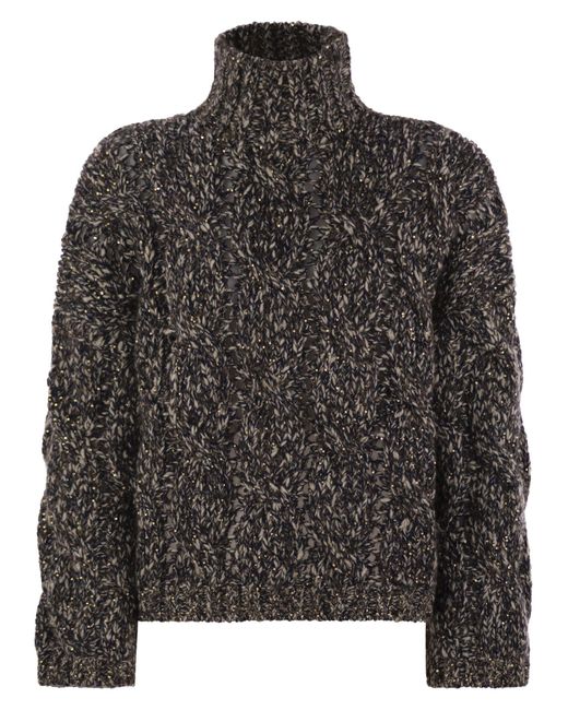 Brunello Cucinelli Black Soft Wool, Cashmere And Mohair Turtleneck Sweater With Braided Design