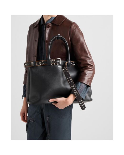 Prada Black Buckle Leather Bag With Studded Belt for men