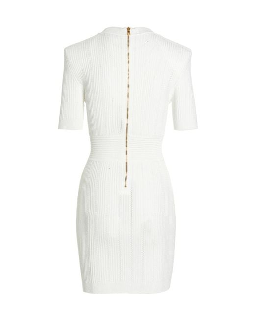 Balmain White Ribbed-Knit Buttoned Minidress