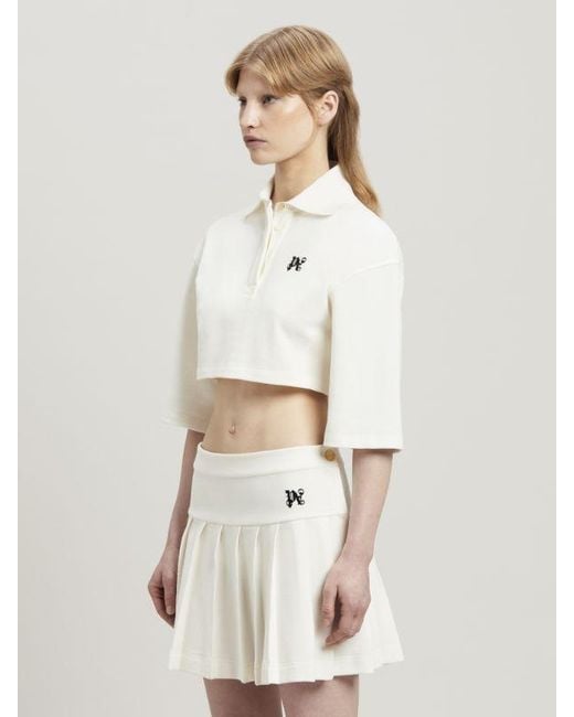 Palm Angels White Monogram Embroidered Cropped Polo Shirt