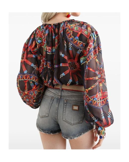 Dolce & Gabbana Red Carretto-Print Devoré Twill Top