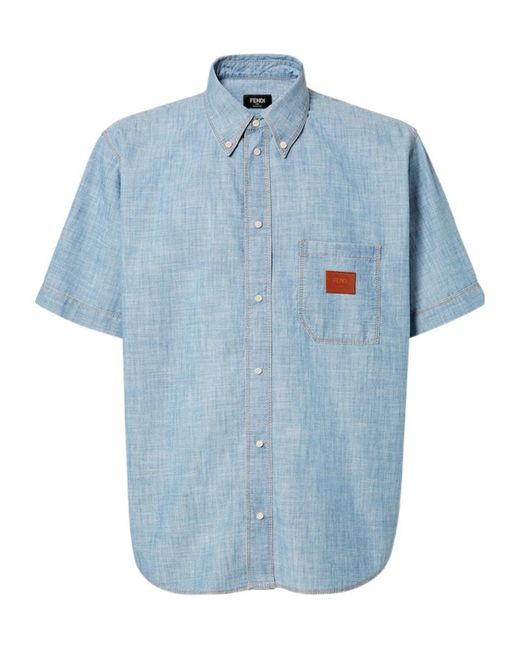 Fendi Blue Logo Patch Short Sleeved Denim Shirt for men