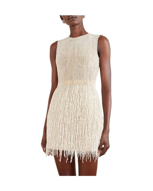 Oscar de la Renta Natural Embellished Fringed Mesh Mini Dress