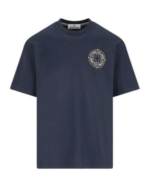 Stone Island Blue Logo Printed Crewneck T-Shirt for men