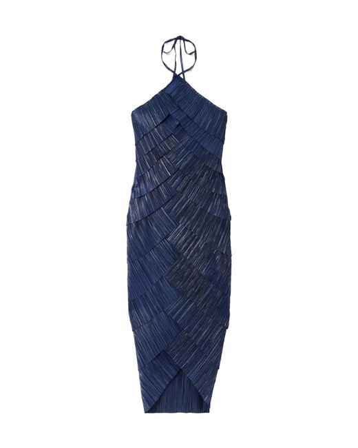 Cult Gaia Blue Patrizia Asymmetric Layered Plissé-Satin Midi Halterneck Dress