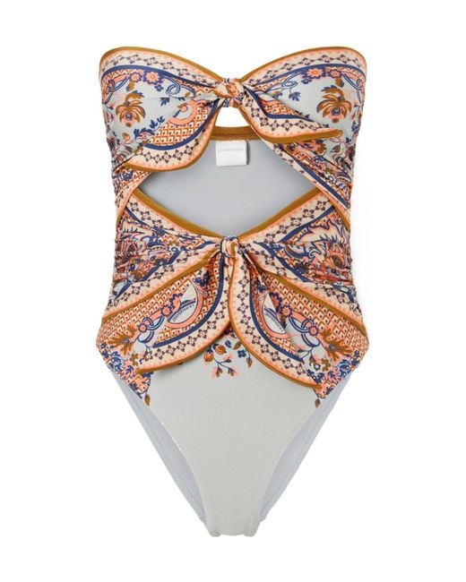 Zimmermann White Aster Strapless Knot-Detailed Cut-Out Printed Swimsuit