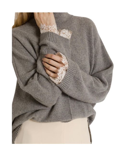 Alberta Ferretti Gray Cashmere Sweater With Contrasting Lace Cuffs