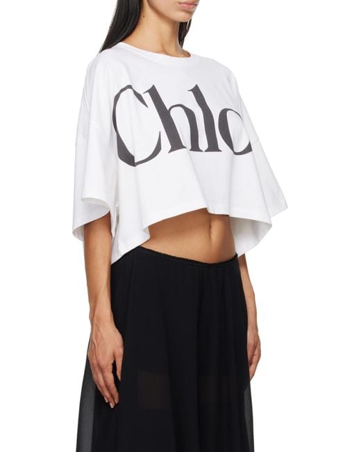Chloé White Chloé Logo Printed Crewneck Cropped T-Shirt