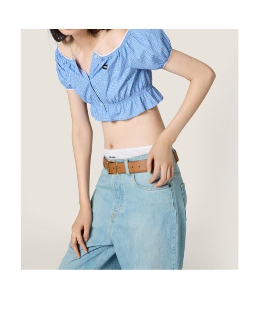 Miu Miu Blue Checked Poplin Cropped Top