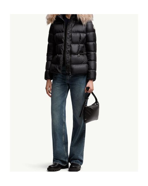 Moncler Black Boed Hooded Shearling-Trimmed Short Down Jacket