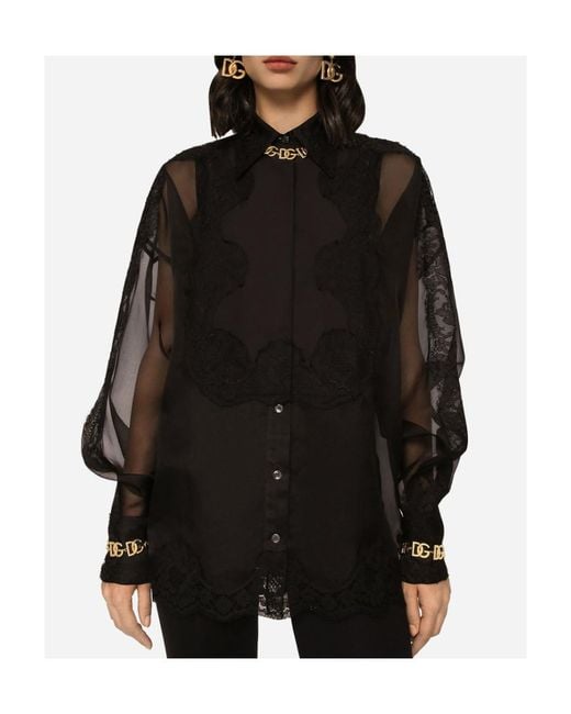 Dolce & Gabbana Black Floral Lace-Detailed Semi-Sheer Buttoned Shirt