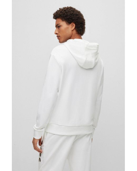 Boss White Logo-Print Cotton Hoodie for men