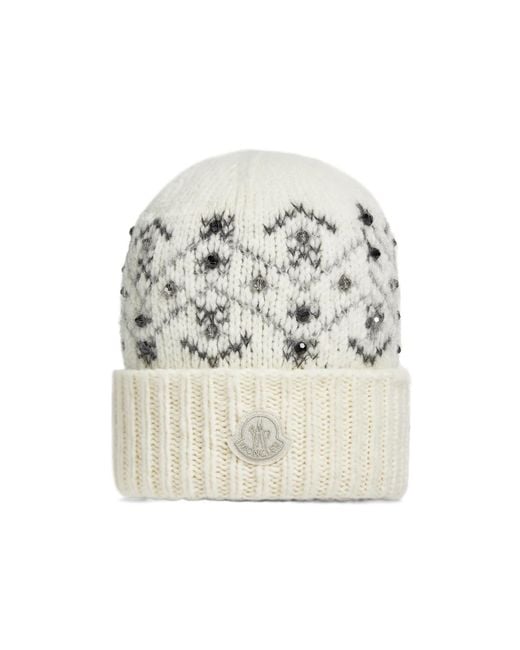 Moncler White Logo Patch Knitted Beanie