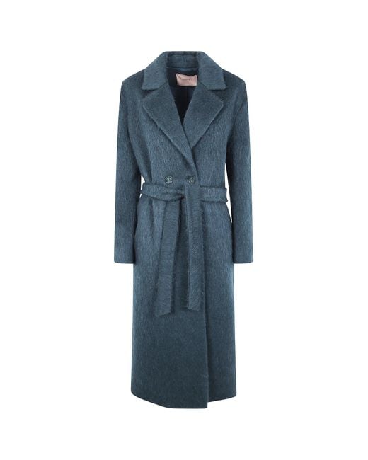Twinset Blue Self-Tie Belted Double-Breasted Coat
