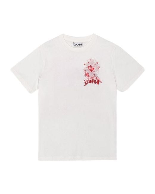 Ganni White Logo Printed Crewneck T-Shirt