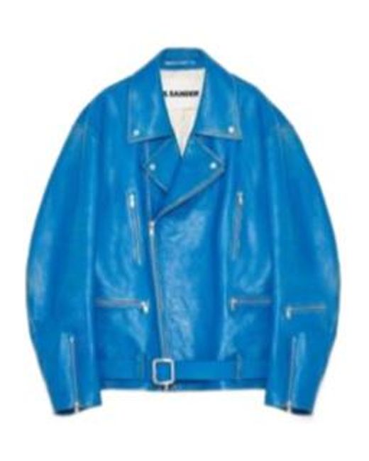 Jil Sander Blue Belted Leather Bomber Jacket for men