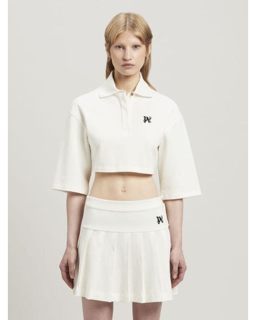 Palm Angels White Monogram Embroidered Cropped Polo Shirt
