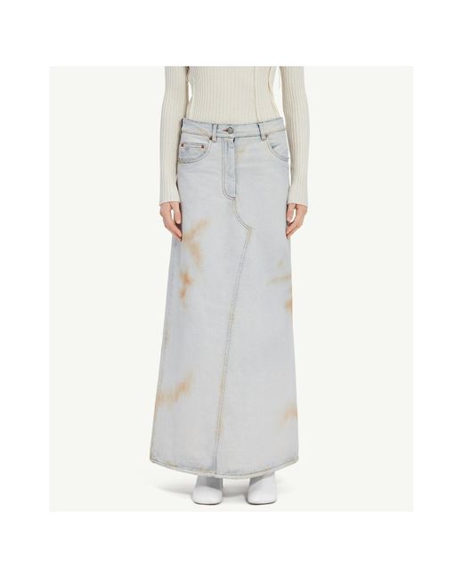 MM6 by Maison Margiela White Logo-Patch Distressed Denim Midi Skirt