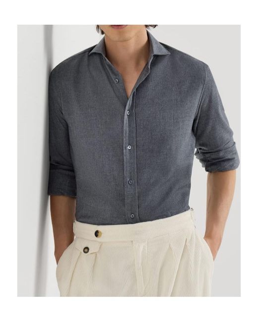 Brunello Cucinelli Gray Stretch Cotton Chevron Flannel Shirt With Spread Collar for men