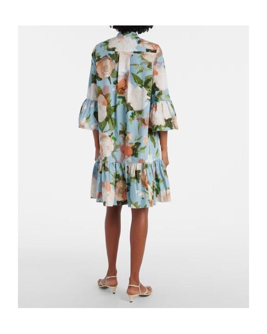 Erdem Green Floral Gathered Cotton Poplin Minidress