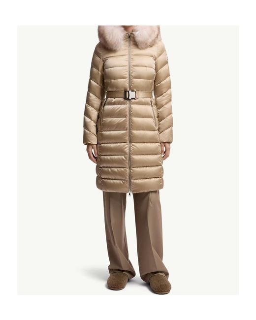 Moncler Natural Leersie Hooded Shearling-Trimmed Long Down Jacket