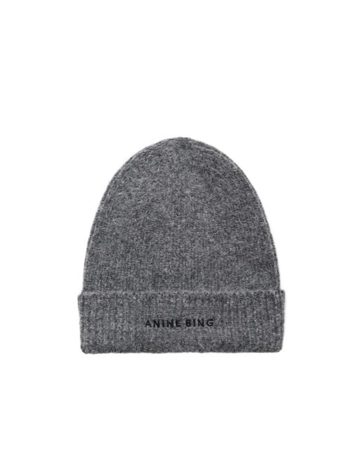 Anine Bing Gray Elia Logo Embroidered Beanie