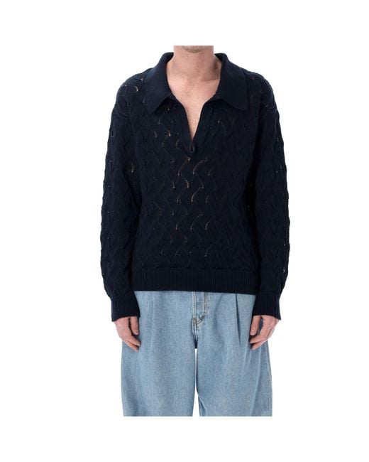 Dries Van Noten Blue Lace Stitch Polo Shirt for men