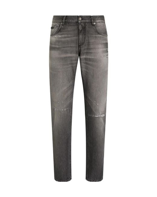 Dolce & Gabbana Gray Logo Plaque Distressed Jeans for men
