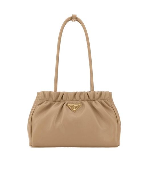 Prada Natural Logo Plaque Ruched Shoulder Bag