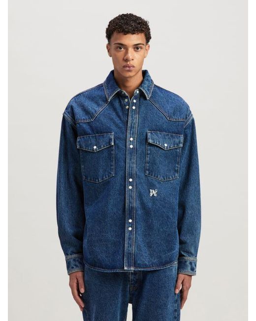 Palm Angels Blue Logo-Embroidered Drop Shoulder Denim Shirt for men