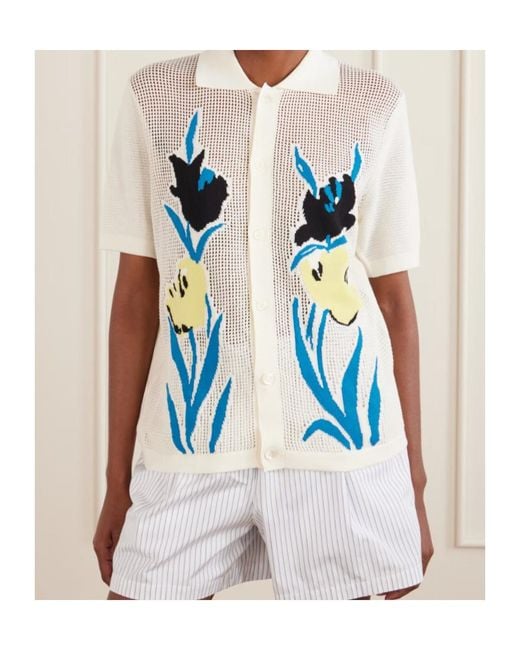 Marni Blue Floral-Intarsia Mesh Cardigan
