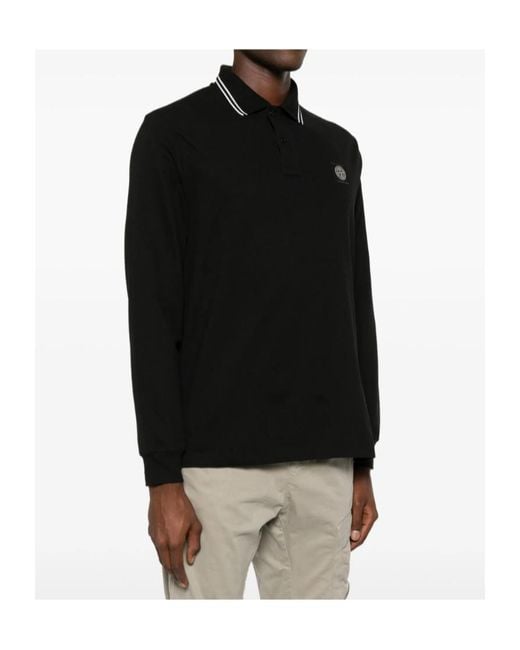 Stone Island Black Logo Long Sleeve Polo Shirt for men