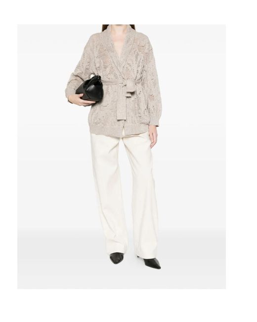 Brunello Cucinelli Natural Tie Waist Open Knit Cardigan