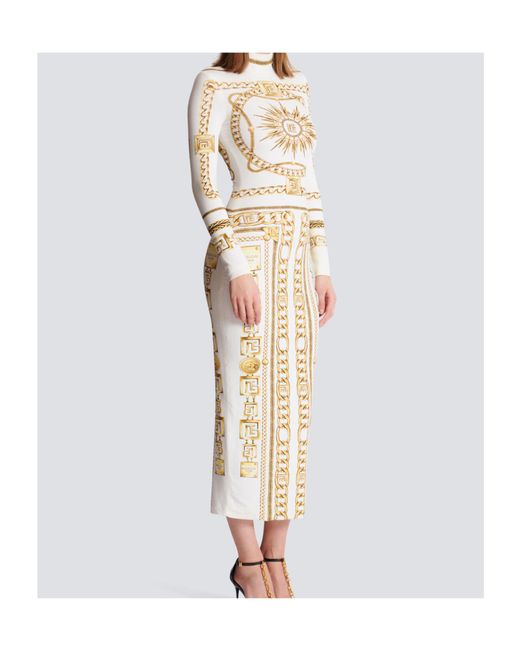 Balmain White Long Printed Bodycon Dress With Foulard Pattern