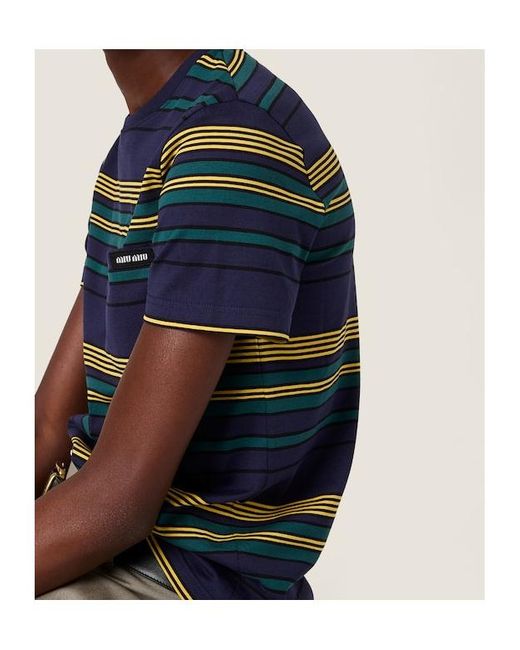 Miu Miu Blue Cotton T-Shirt With Striped Pattern