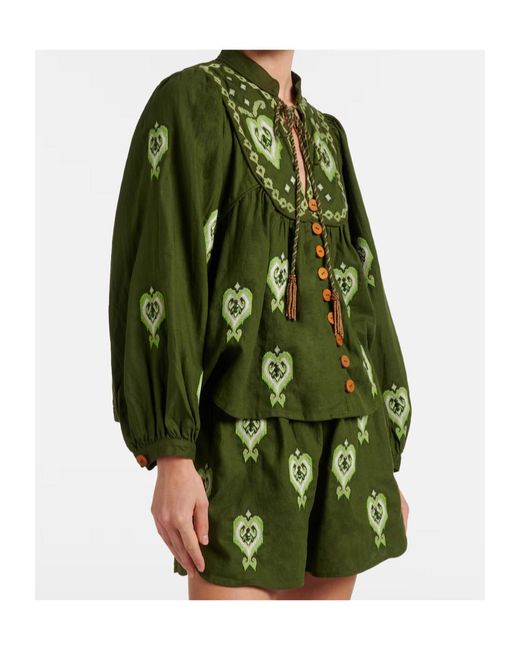 Farm Rio Green Embroidered Linen-Blend Blouse