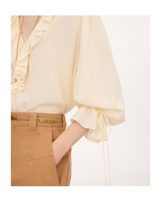 Chloé Natural Chloé Ruffled V-Neck High-Low Top