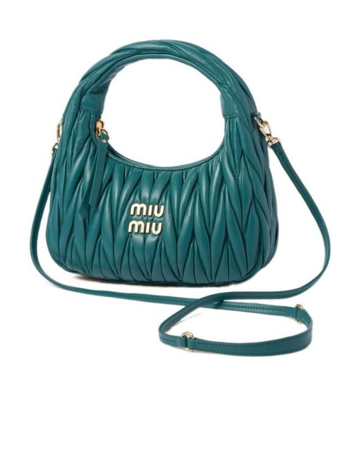 Miu Miu Green Wander Matelassé Logo Plaque Mini Hobo Bag