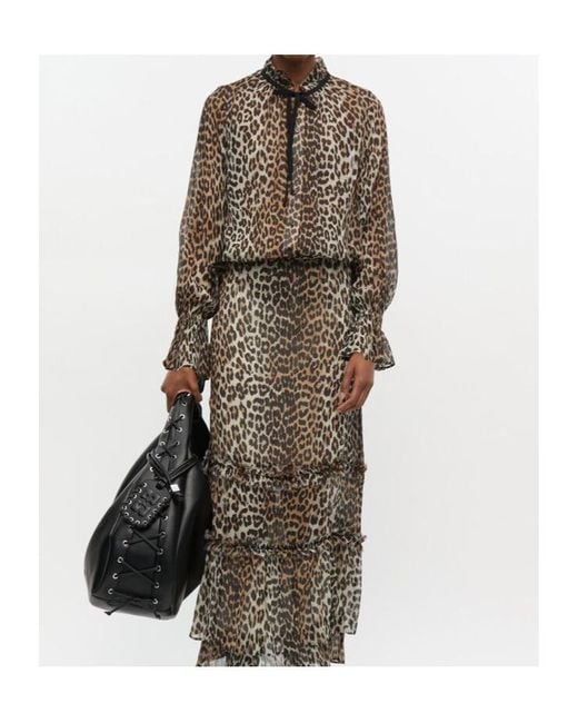 Ganni Gray Leopard Printed Chiffon Tie String Shirt