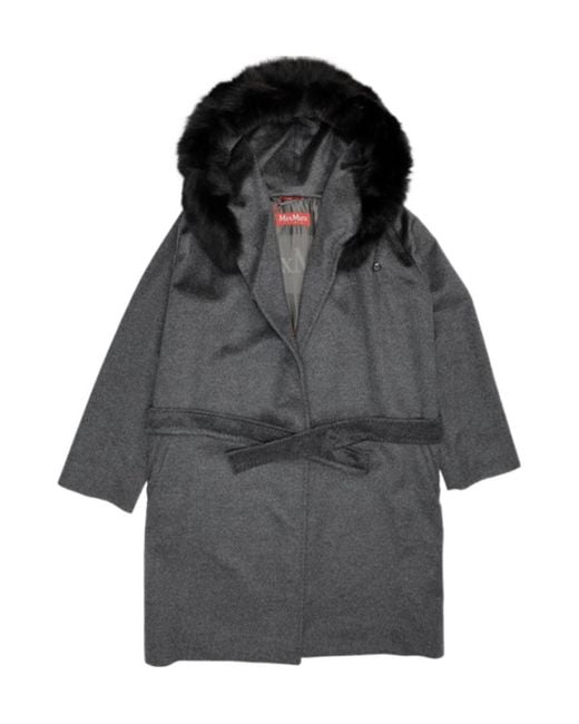 Max Mara Gray Tie A Coat With A Wool Collar