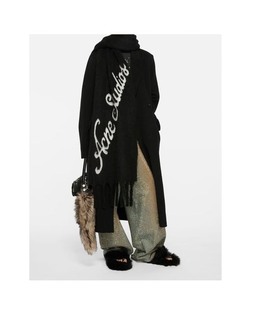 Acne Black Logo-Detail Fringe Scarf